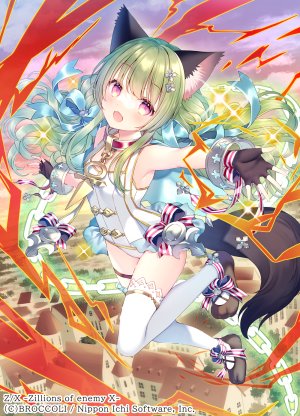 shitorii_nina,z/x,和錆,兽耳,露肩,手镯,猫耳,锁链,项圈,手套,绿发,发饰,长发,開口,缎带,single,丝袜,白丝