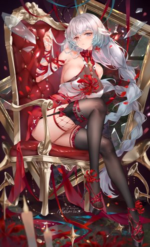 鸣潮,么赖赖,绷带,露肩,黑丝,blood,三股辫,breasts,连衣裙,灰发,乐器,长发,视线正对,红色眼,坐姿,single,丝袜,超长发