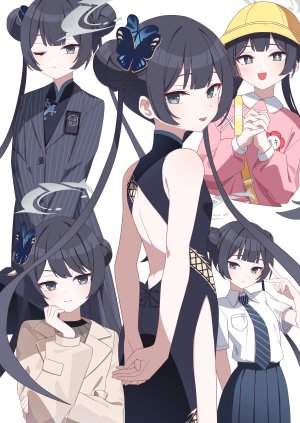 竜華キサキ,蔚蓝档案,divergenceok,黑发,脸红,breasts,汉服,双团子头,连衣裙,包子頭,发饰,光晕,长发,视线正对,挤眼,张嘴,褶皱裙,学校制服,衬衫,短裙,笑顔,双马尾,白背景