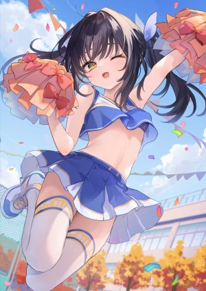 sutora-chan,原创,玉之けだま,黑发,breasts,啦啦队,长发,视线正对,露脐,挤眼,開口,短裙,天空,笑顔,single,丝袜,双马尾,黄色眼