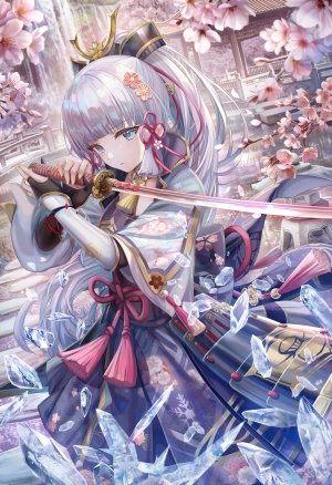原神,神里綾華,torino_aqua,single,长发,長身像,视线正对,前发,碧眼,holding,银发,直刘海,马尾辫,传统服装,和服,风,樱花,少女,发饰,weapon,花瓣,剑,护甲,武士刀