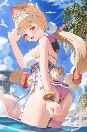 爱丽丝·泰姆菲尔德,绝区零,jumonji,兽耳,水着,金发,脸红,手镯,三股辫,breasts,连衣裙,发饰,长发,视线正对,開口,红色眼,天空,笑顔,single,泳装,超长发,黄色眼