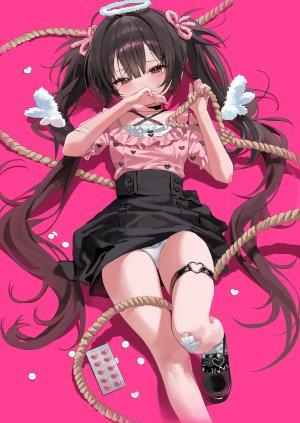 原创,riko,single,长发,長身像,视线正对,前发,黑发,双马尾,横臥,掀裙,少女,短裙,下着,胖次,翅膀,光晕,创可贴