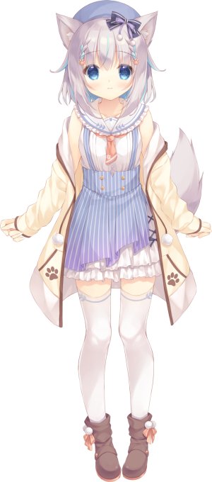 mofuyama_sorara,haconect,ゆき恵,兽耳,碧眼,青发,脸红,三股辫,连衣裙,全身,灰发,视线正对,single,丝袜,Vtuber,白丝