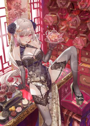 原创,ito_lab,露肩,breasts,汉服,cleavage,双团子头,连衣裙,長手袋,手套,包子頭,发饰,长发,视线正对,胖次,红色眼,笑顔,single,丝袜,双马尾,下着,超长发,白发