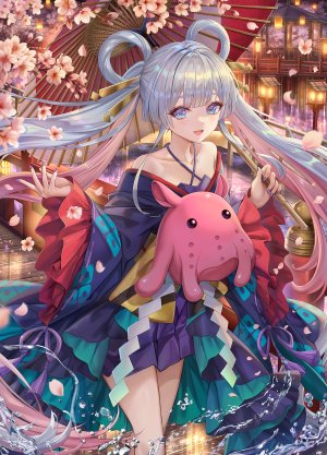 runami_yachiyo,cho_kaguya-hime!,torino_aqua,露肩,直刘海,灰发,发饰,holding,和服,长发,长袖,视线正对,開口,粉发,笑顔,single,双马尾,雨伞,超长发,白发