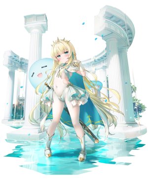 goddess_paradise,鬼針草,水着,金发,碧眼,直刘海,手镯,三股辫,breasts,项圈,全身,手套,holding,长发,视线正对,项链,缎带,笑顔,single,泳装,剑,头饰,超长发,weapon