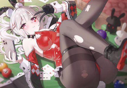 崩坏：星穹铁道,honkai,花火,sparxie,bakoko,single,长发,前发,脸红,breasts,双马尾,holding,露肩,兽耳,cleavage,银发,直刘海,横臥,兔耳,兔女郎,少女,手套,裤袜