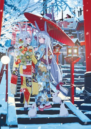 hechima,兽耳,兔耳,和服,雨伞,雪景,回头看,白毛
