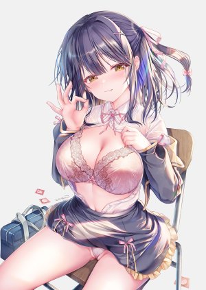 七海優乃,原创,TwinBoxSchool,Sousouman,黑发,脸红,bra,breasts,茶发,cleavage,发饰,长袖,视线正对,露脐,胖次,缎带,学校制服,衬衫,坐姿,短裙,掀裙,single,下着