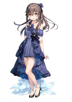 kantoku,佐佐木与P酱,sasaki_to_pii-chan,连衣裙,No-Bra,看穿,脸红,领结,棕色眼,茶发,全身,发饰,视线正对,開口,马尾辫,single,白背景