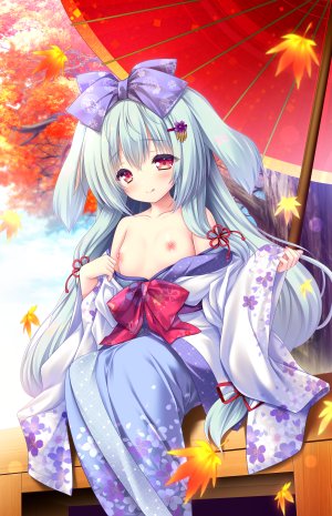 萌木原ふみたけ,稜未小乃葉,方糖社,縁りて此の葉は紅に,兽耳,breasts,兔耳,和服,nipples,No-Bra,开衫,脱衣