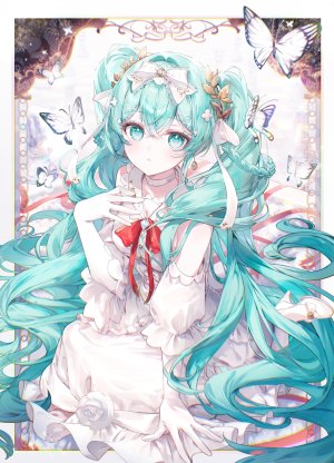 初音ミク,VOCALOID,atwomaru,蝴蝶,项圈,连衣裙,全身,手套,发饰,长发,视线正对,裤袜,缎带,坐姿,single,双马尾,超长发