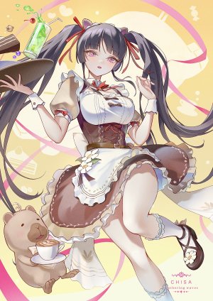 鸣潮,chisa,namipon,chigusa7h,single,長身像,前发,脸红,開口,黑发,双马尾,紫色眼,直刘海,超长发,女仆,少女,制服,围裙