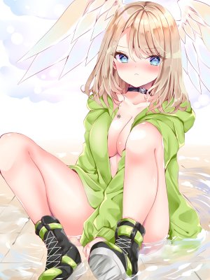 ユーニ,xenoblade_chronicles_3,七瀬尚,碧眼,脸红,bottomless,breasts,No-Bra,坐姿,翅膀