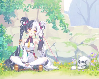 琉音,绝区零,deadnooodles,露肩,黑发,三股辫,汉服,连衣裙,手套,发饰,长发,開口,坐姿,Skull,single,丝袜,白发,白丝,黄色眼