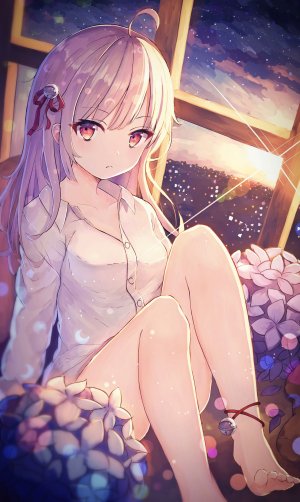 原创,millkoi,呆毛,裸足,铃,衬衫,长发,长袖,视线正对,红色眼,缎带,坐姿,single