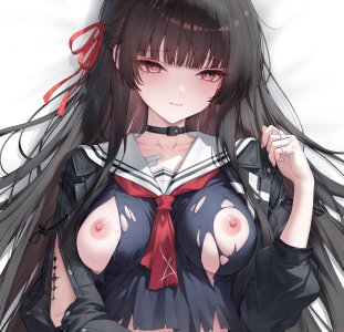 鸣潮,千咲,haku89,长发,前发,黑发,simple_background,红色眼,白背景,nipples,直刘海,No-Bra,erect_nipples,爆衣,制服,项圈,水手服,创可贴