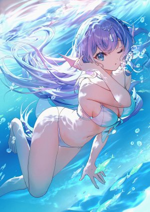 原创,Bison仓鼠,露肩,水着,碧眼,青发,脸红,breasts,泡泡,cleavage,发饰,长发,视线正对,露脐,挤眼,開口,single,泳装