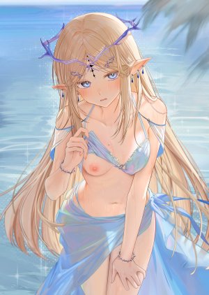 鸣潮,卡提希娅,儒宅,single,长发,長身像,视线正对,脸红,breasts,開口,碧眼,金发,nipples,尖耳,闪烁,erect_nipples,少女,露脐,泳装,水着,手镯