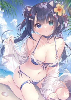 ゆき恵,兽耳,水着,cameltoe,garter,异色瞳,猫耳,开衫,看穿,泳装,湿身