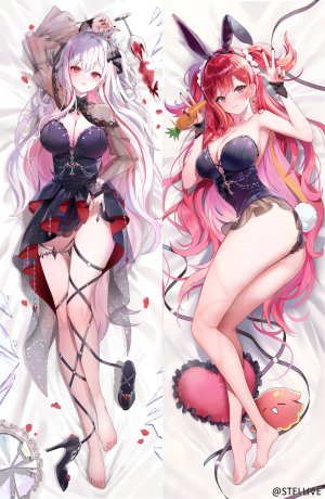 朱音リゼ,StelLive,misyune,兽耳,露肩,金发,breasts,cleavage,全身,长发,视线正对,横臥,红色眼,笑顔,超长发,Vtuber,白发