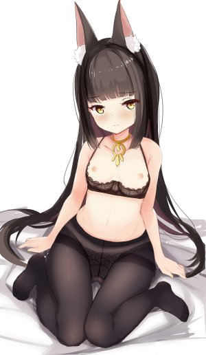 長門,碧蓝航线,hamiro,萝莉,兽耳,黑发,脸红,bra,breasts,狐娘,长发,视线正对,露脐,项链,nipples,胖次,裤袜,坐姿,single,下着,超长发,黄色眼