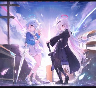 阿洛娜,普拉娜,蔚蓝档案,yoyopipa,碧眼,青发,脸红,breasts,灰发,光晕,holding,长发,长袖,视线正对,裤袜,粉发,短发,短裙,天空,笑顔,雨伞,超长发,weapon,白发