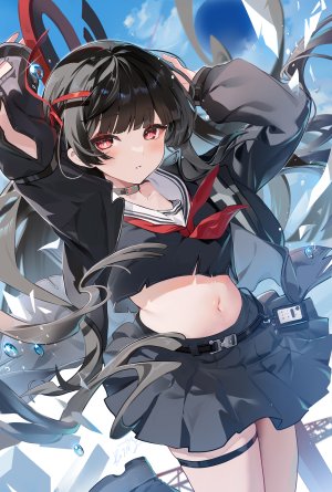 鸣潮,千咲,kita,single,长发,長身像,视线正对,前发,脸红,黑发,红色眼,天空,直刘海,风,少女,制服,露脐,weapon,项圈,水手服