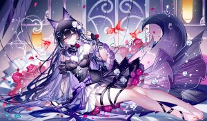 sheya,原创,兽耳,露肩,黑发,碧眼,breasts,连衣裙,发饰,长发,视线正对,rose,坐姿,笑顔,single,超长发