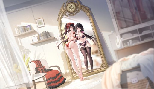 时崎狂三,碧蓝航线,DATE·A·LIVE,露肩,黑发,黑丝,bra,breasts,cleavage,连衣裙,全身,异色瞳,lingerie,长发,视线正对,回头看,露脐,開口,胖次,马尾辫,红色眼,笑顔,丝袜,双马尾,下着,超长发