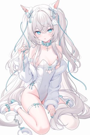 原创,北乃ゆきと,呆毛,兽耳,露肩,碧眼,breasts,猫耳,猫娘,猫尾,项圈,全身,长发,视线正对,坐姿,single,丝袜,超长发,Vtuber,白背景,白发,白丝