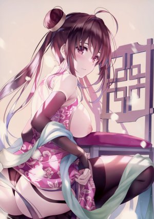 冬月茉莉,COMIC阿吽,原创,深崎暮人,呆毛,黑丝,脸红,breasts,棕色眼,茶发,汉服,双团子头,连衣裙,包子頭,长发,视线正对,nipples,No-Bra,胖次,single,丝袜,下着