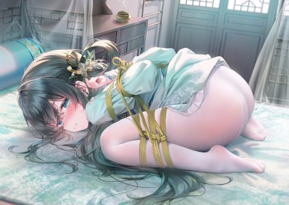 原创,鬼針草,single,长发,视线正对,前发,脸红,碧眼,黑发,全身,nopan,捆绑play,少女,连衣裙,裤袜