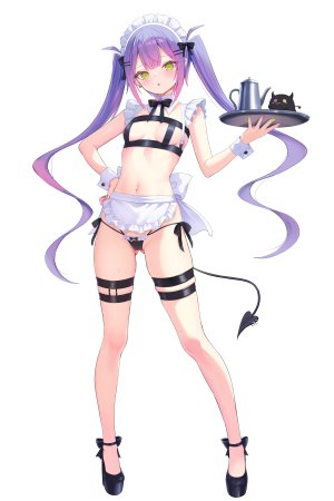 常暗トワ,Hololive,猫乃介,围裙,水着,领结,breasts,恶魔娘,全身,绿色眼,发饰,holding,长发,视线正对,女仆,露脐,開口,粉发,尖耳,紫发,single,泳装,双马尾,超长发,Vtuber,白背景