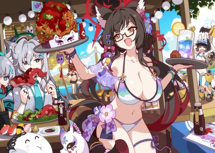 霞沢ミユ,狐坂ワカモ,蔚蓝档案,ideolo,兽耳,水着,碧眼,手镯,breasts,cleavage,狐娘,灰发,发饰,光晕,holding,长发,仮面,開口,衬衫,笑顔,single,泳装,女服务生