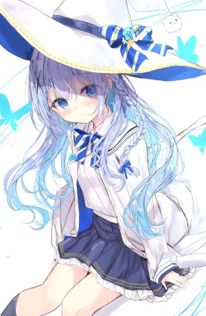 香風智乃,tippy,请问您今天要来点兔子吗?,ふぇありぃあい,动物,碧眼,青发,脸红,三股辫,蝴蝶,衬衫,发饰,长发,长袖,视线正对,褶皱裙,坐姿,短裙,笑顔,single,超长发,白背景