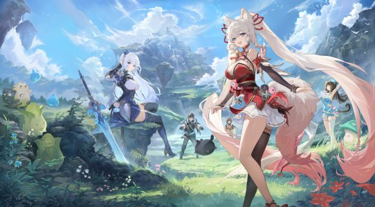 mongil:_star_dive,garter,妖狐,剑,丝袜,netmarble_games,兽耳,汉服,高跟鞋,异色瞳,和服,猫耳,No-Bra,护士,长筒袜