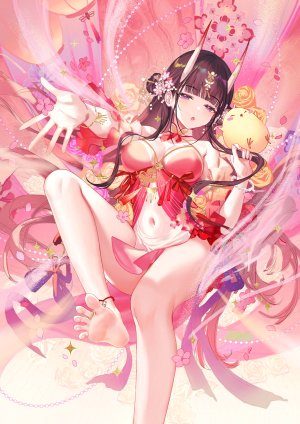 碧蓝航线,Manjuu,能代,ATDAN,single,长发,長身像,视线正对,前发,脸红,breasts,開口,黑发,紫色眼,cleavage,全身,直刘海,双团子头,少女,露脐,发饰,动物,花瓣,手镯