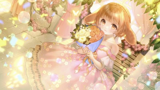 原创,suzuri_suzuna,single,前发,highres,短发,茶发,棕色眼,兽耳,直刘海,少女,连衣裙,花束