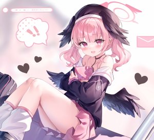 下江コハル,蔚蓝档案,孤葬南风,露肩,脸红,光晕,holding,视线正对,開口,胖次,粉发,衬衫,短裙,single,双马尾,下着,翅膀