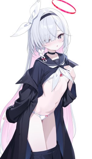 普拉娜,蔚蓝档案,北乃ゆきと,脸红,bra,三股辫,breasts,项圈,光晕,长发,长袖,视线正对,露脐,胖次,粉发,褶皱裙,缎带,学校制服,水手服,衬衫,短裙,single,下着,超长发,白背景,白发