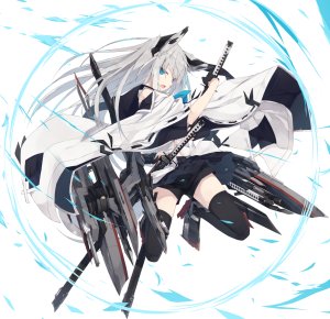 江風,碧蓝航线,凪白みと,兽耳,前发,碧眼,キャノン,礼服,手套,holding,カタナ,江风,长发,长袖,短裙,single,剑