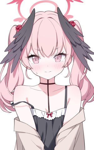 下江コハル,蔚蓝档案,jyt,露肩,脸红,breasts,发饰,光晕,长发,视线正对,粉发,single,双马尾,白背景,翅膀