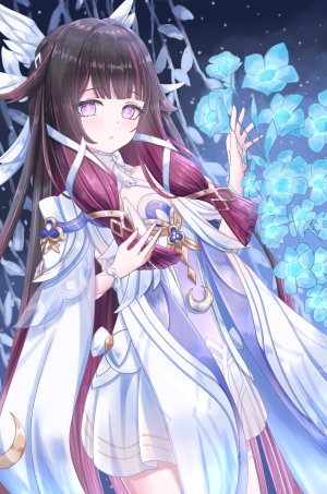 哥伦比娅,原神,茜詩ちとせ,露肩,黑发,连衣裙,长发,紫色眼,紫发,single,翅膀