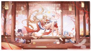 インプラカブル,ジェーナス,Manjuu,碧蓝航线,banchiyuebai,露肩,金发,青发,breasts,双团子头,全身,包子頭,holding,长发,紫发,红色眼,缎带,超长发