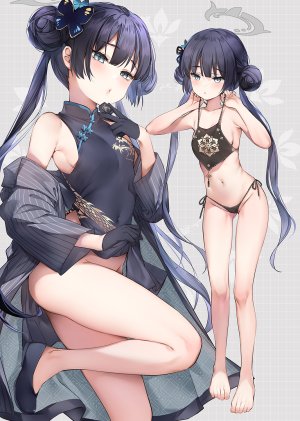 竜華キサキ,蔚蓝档案,chiyingzai,黑发,breasts,汉服,双团子头,连衣裙,包子頭,发饰,光晕,长发,视线正对,nopan,胖次,双马尾,下着