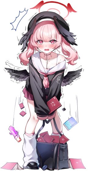 下江コハル,蔚蓝档案,sakmimmi,脸红,光晕,长发,视线正对,迷你短裙,開口,粉发,褶皱裙,衬衫,短裙,single,双马尾,白背景,翅膀