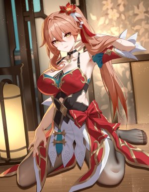 桂乃芬,崩坏：星穹铁道,乌橄榄菜,脸红,breasts,汉服,连衣裙,发饰,长发,视线正对,裤袜,坐姿,笑顔,single,超长发,黄色眼