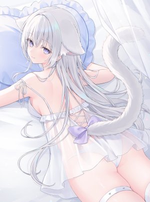 原创,茶乃ひより,兽耳,露肩,breasts,猫耳,猫娘,猫尾,回头看,胖次,紫色眼,笑顔,single,下着